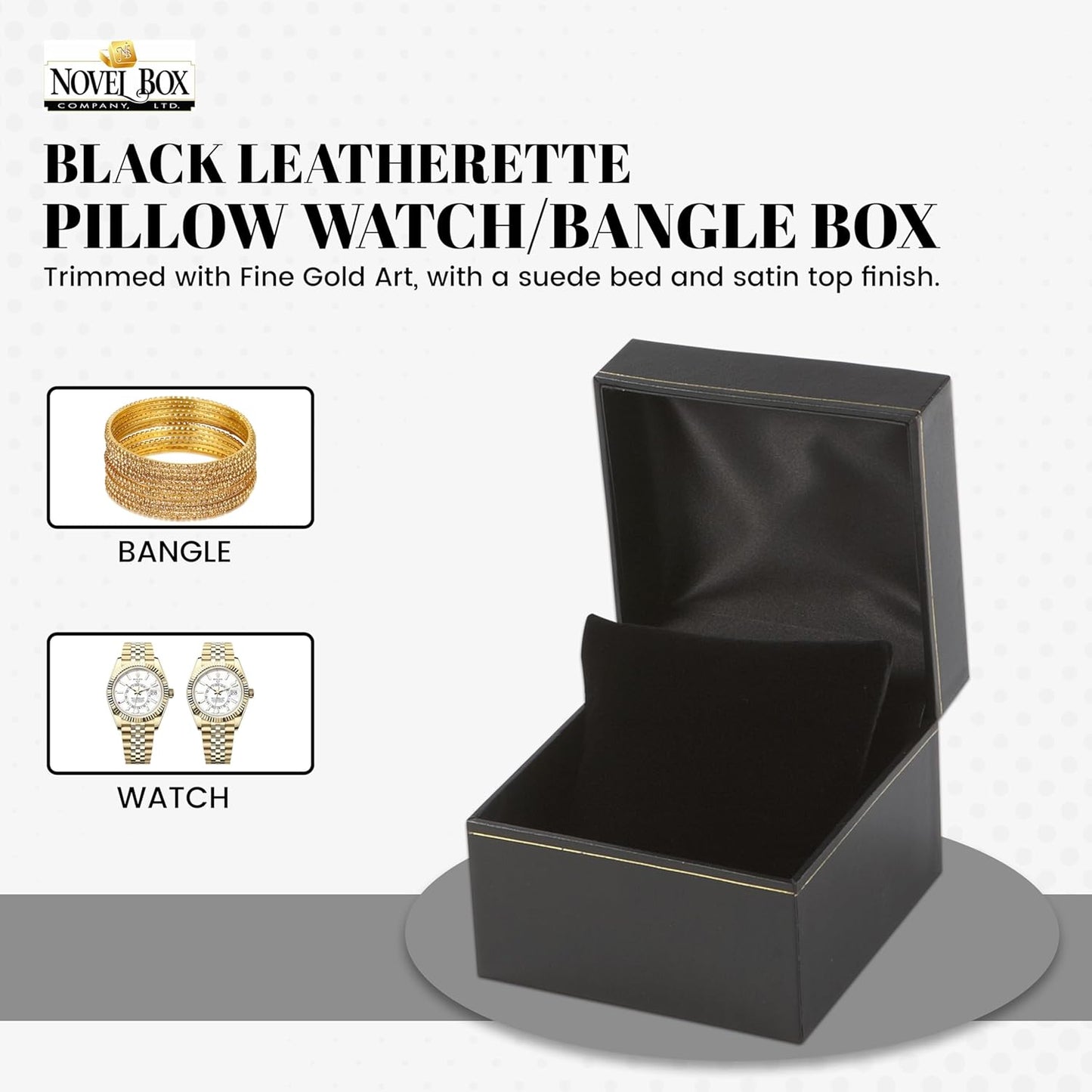 Novel Box Black Jewelry Bangle/Watch Box with Pillow-Style 4.5x4.5x2.87 Inches - Watch/Bangles Boxes with Gold Trim - Faux Leatherette Cases for Bangle/Watch Storage