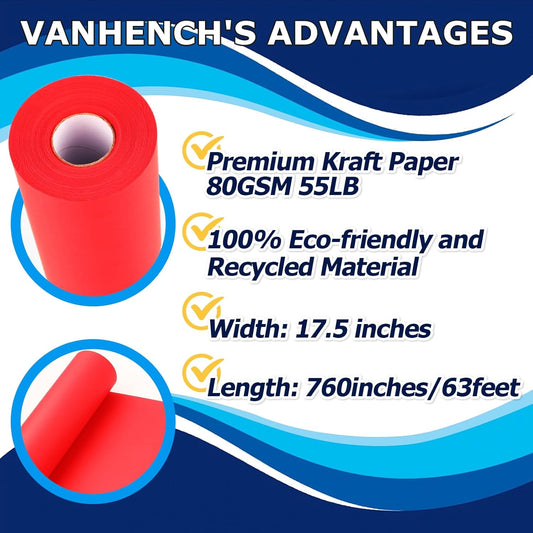 Vanhench Red Wrapping Paper Roll 17.5" x 760" (63') for Women Men Kids Girls, Solid Color Art Kraft Craft for Christmas, Wedding, Birthday, Mothers Day Gifts, Bouquet Flower Poster Bulletin Board