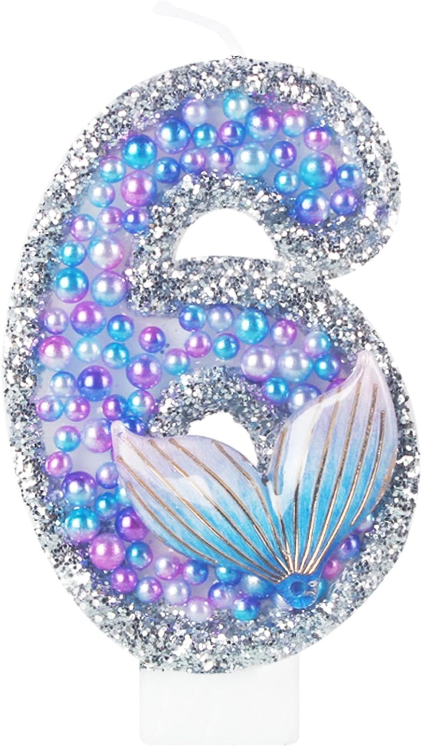 Girls Sparkler 6 Birthday Number Candles, Purple Pearls Mermaid Tail Number Birthday Candles for Girls Women Birthday Cakes Mermaid Themed Birthday Decorations Party Favors Number 6 Candle Cake Topper
