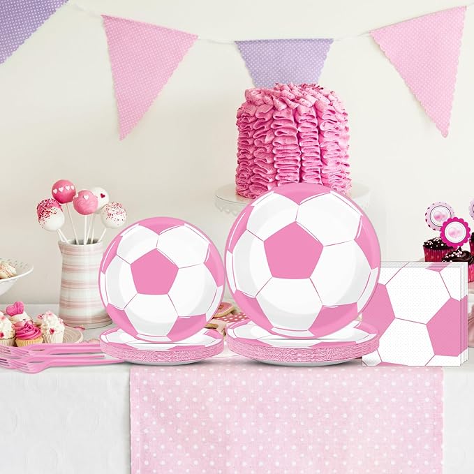 OBUSATT 96Pcs Pink Soccer Party Supplies - Birthday Paper Plates, Napkins, Decorations, Dinnerware, Party Favors, Serves 24
