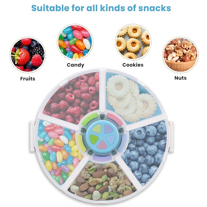 Snack Rotator Container Reusable Snack Box with 5 Compartment Dispenser and Lid, Color Matching Opening Lid, BPA and PVC Free, for Home, School, Travel (2 Pack- Blue)