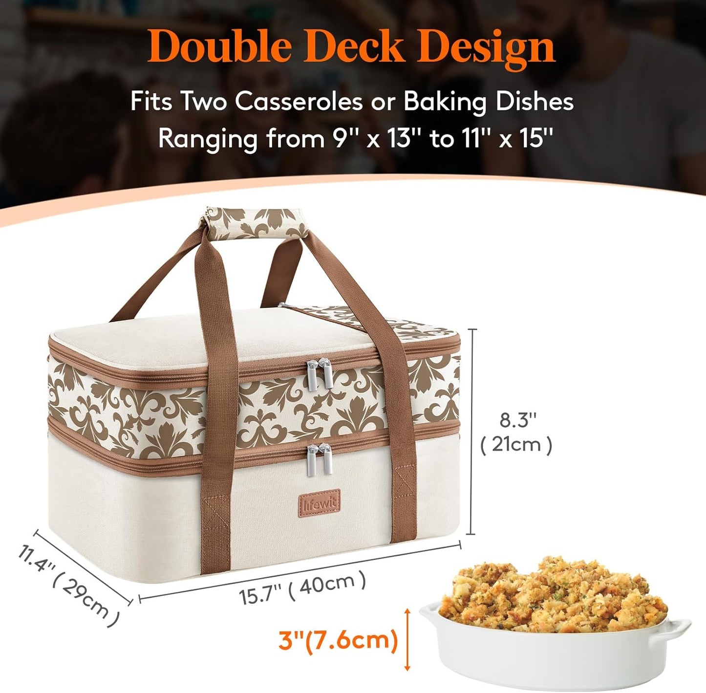 Lifewit Double Decker Casserole Carrier for Hot or Cold Food, Insulated Casserole Baking Dish Bag Food Carrier, Lasagna Holder for Potluck/Parties/Picnic/Cookouts, Fits 9"x13" Baking Dish, Cream