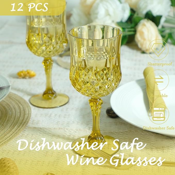 Plastic Wine Glasses, Plastic Goblets Vintage Style Cordial Unbreakable Drinking Glasses, Reusable Drinkware for Wedding Reception, Grand Event Party Supplies, Easter (12, Gold)