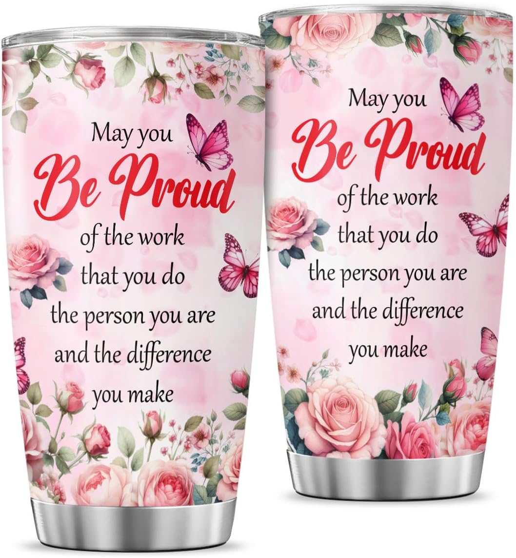 Inspirational Quote Tumbler for Women 20oz, Floral Butterfly Design Stainless Steel Insulated Cup, Motivational Gift for Coworker, Friend, Teacher, Mom, Appreciation Present