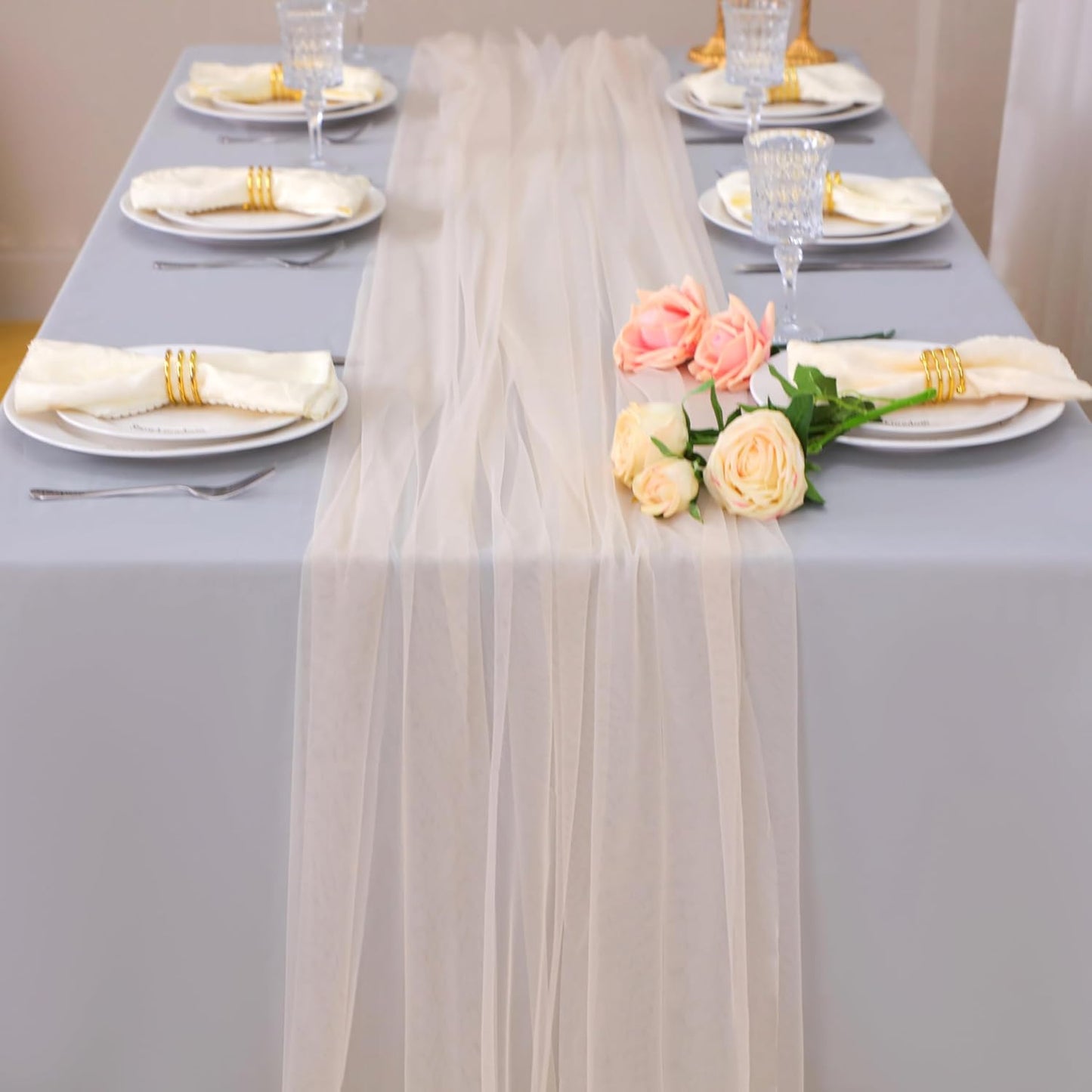 Snowkingdom Champagne Table Runner, 10 FT Sheer Tulle Cheesecloth Gauze, Boho Elegant Table Decoration for Home Party Wedding Birthday Baby Shower Christmas Holiday