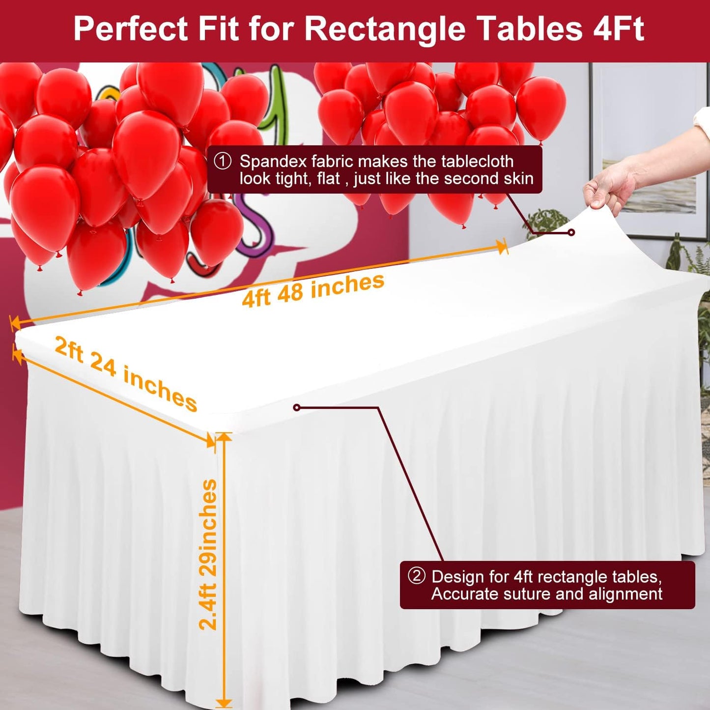 Thick 2 in 1 Spandex Table Skirt and Cover 4ft, Rectangle Fitted Tablecloth with Pleated Skirt, Wrinkle Free Rectangular Table Cloth for Banquets and Vendor Event (White, 48"*24"*29")