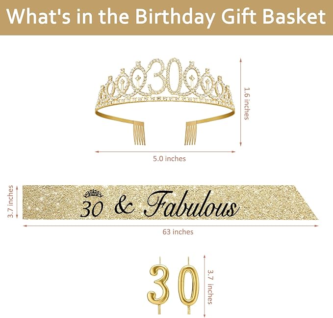 30th Birthday Decorations for Her with 30th Birthday Sash and Crown, Candles Gold, Gifts for 30 Year Old Woman