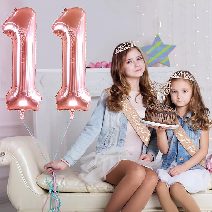 11th Birthday Decorations for Girls, Including 11th Birthday Sash and Tiara, 11 Candles and Cake Toppers, Rose Gold 11 Balloons and 3D Birthday Card, 11th Birthday Gifts for Girls 11 Year Old Birthday Party