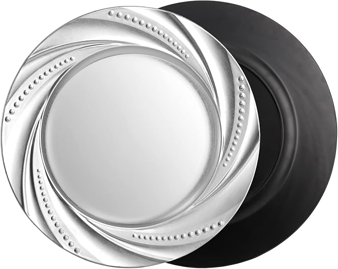 ZENFUN 12 Pack Plastic Silver Charger Plate, 13" Round Chargers Plate Decorative Dinner Chargers, Embossed Charger Serving Plates for Wedding, Catering Event, Tabletop Decor