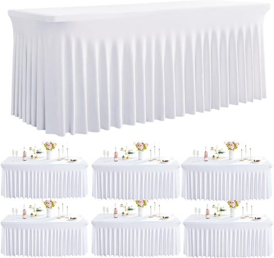 Outpain 6Pack White Spandex Table Clothes for 6 Foot Rectangle Tables-6FT Wrinkle Free Fitted Tablecloths with Skirt for Parties, Wedding, Birthday, Banquet, Festival