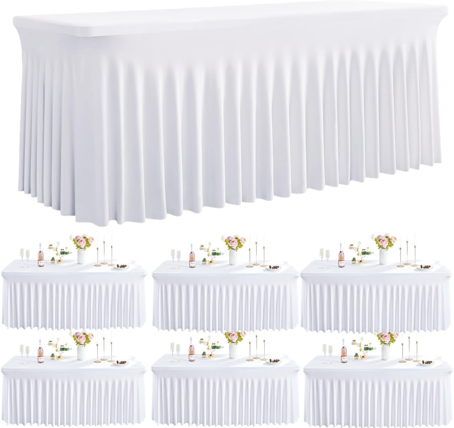 Outpain White Spandex Table Clothes for 8 Foot Rectangle Tables-6Pack 8FT Spandex Fitted Table Cover, Wrinkle Free Tablecloths with Skirt for Parties, Wedding, Birthday, Banquet, Festival