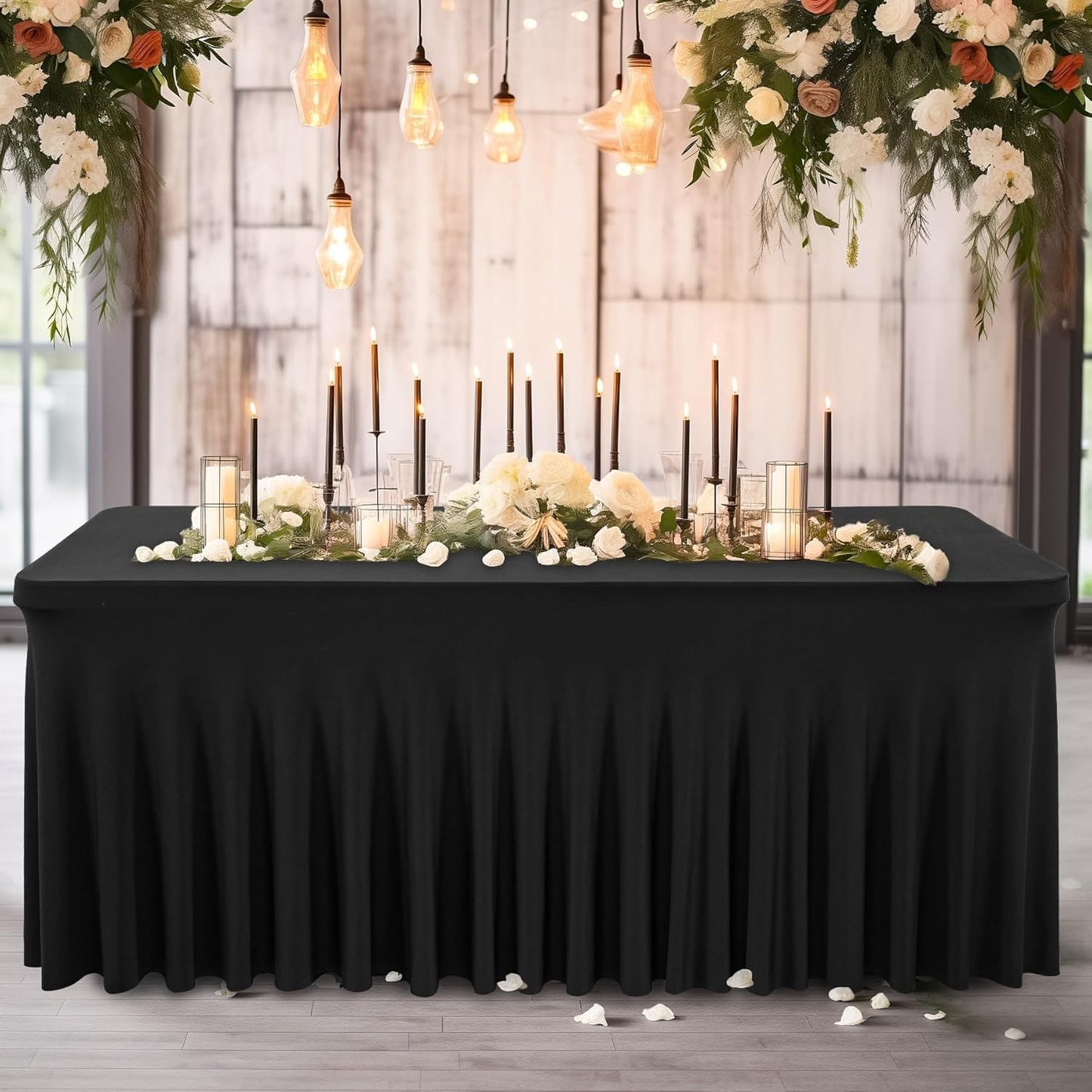2 Pack Black Fitted Spandex Table Cloth Rectangle 8ft, Wrinkle Free High-Stretch Skirted Tablecloths for 8 Foot Rectangle Tables, Decor Parties Weddings Birthday Banquet Spandex Table Cloths Cover