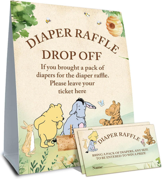Winnie Baby Shower Decorations-Pooh Baby Shower Games-Baby Shwoer Party Decor-Baby Shower Table Sign Centerpieces-Baby Shower Games Pooh Birthday Supplies Party Decorations-Diaper Raffle cards
