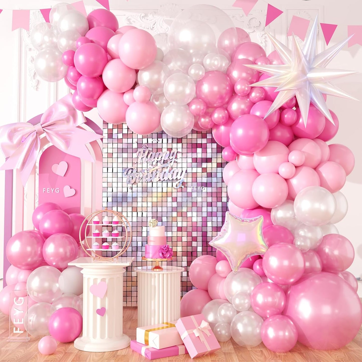Pearl Pink White Balloon Arch Kit, Pearl Pink Pearl White Balloon Garland Kit with Star Balloon for Themed Birthday Wedding Baby Shower Gender Reveal Bridal Wedding Party Decoration