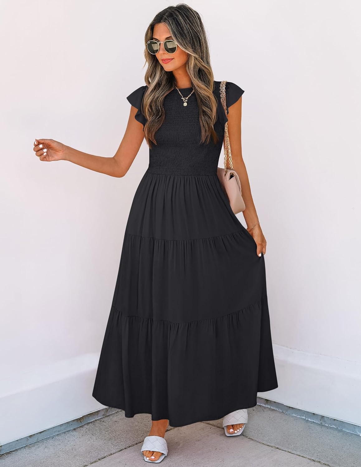 ZESICA Women's 2025 Summer Casual Flutter Short Sleeve Crew Neck Smocked Elastic Waist Tiered Midi Dress