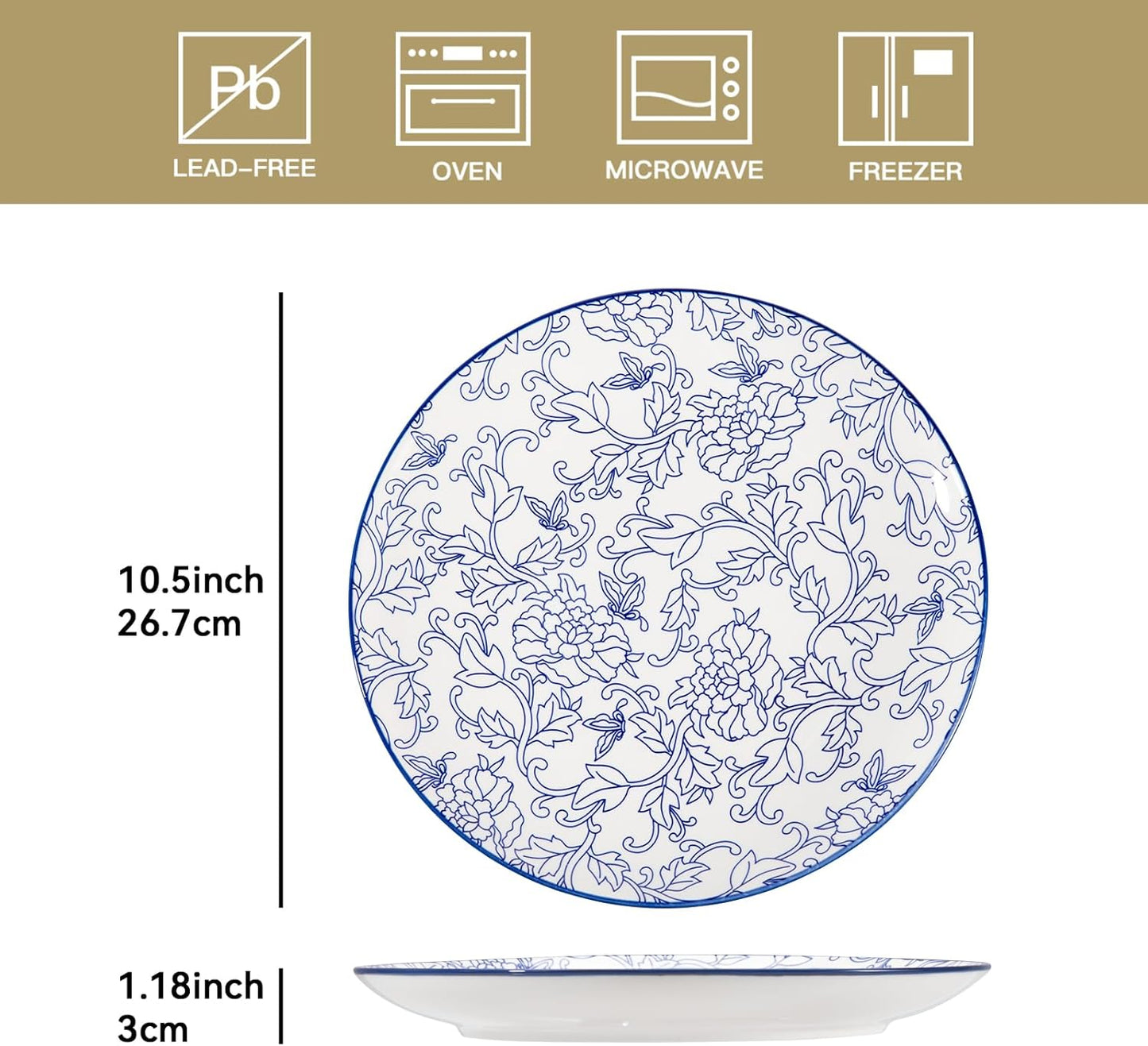 Sweejar 10.5 Inch Ceramic Dinner Plates Set, Large Porcelain Dessert Plates, Microwave & Dishwasher Safe Party Plates for Salad, Pasta, Meat Steak, Set of 6(Vintage Blue)
