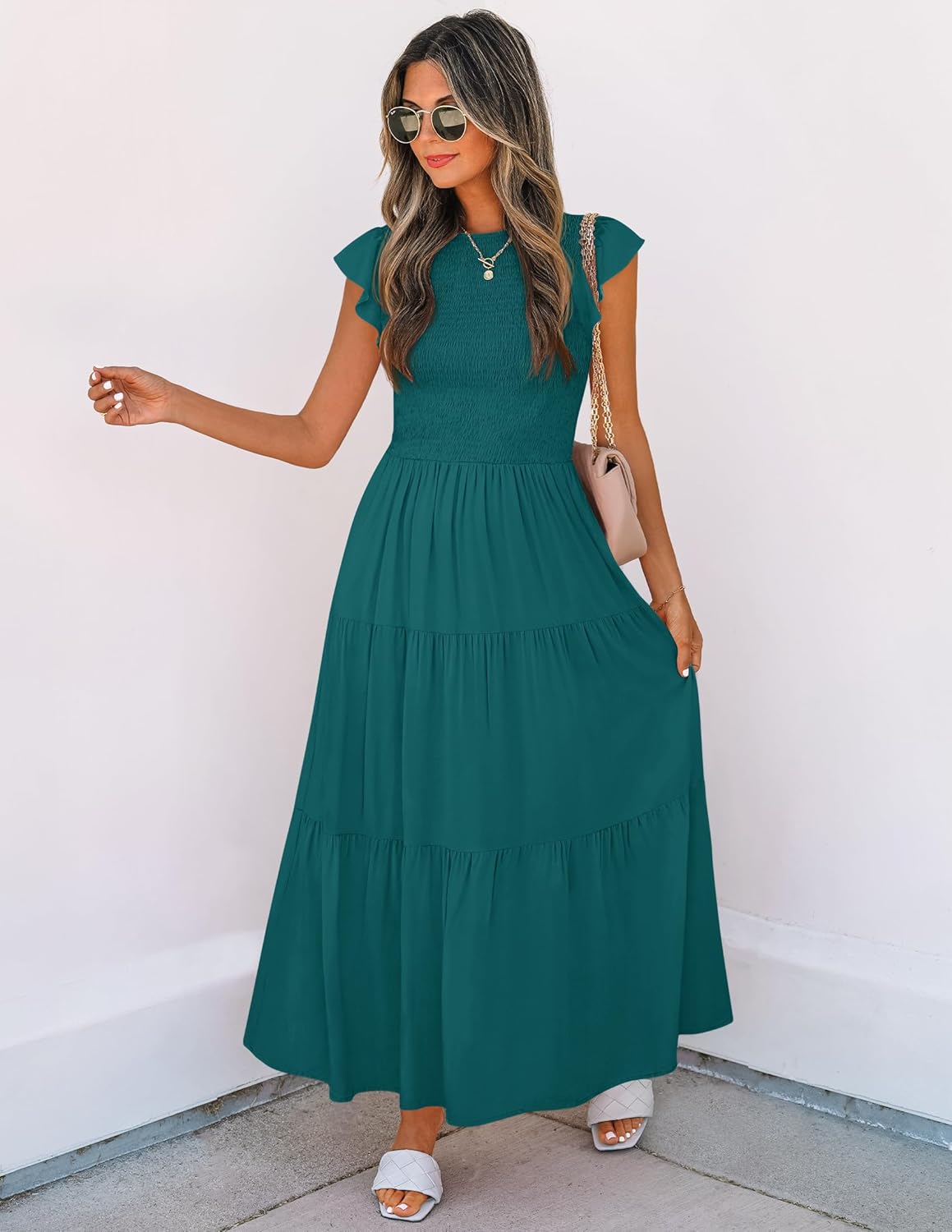 ZESICA Women's 2025 Summer Casual Flutter Short Sleeve Crew Neck Smocked Elastic Waist Tiered Midi Dress