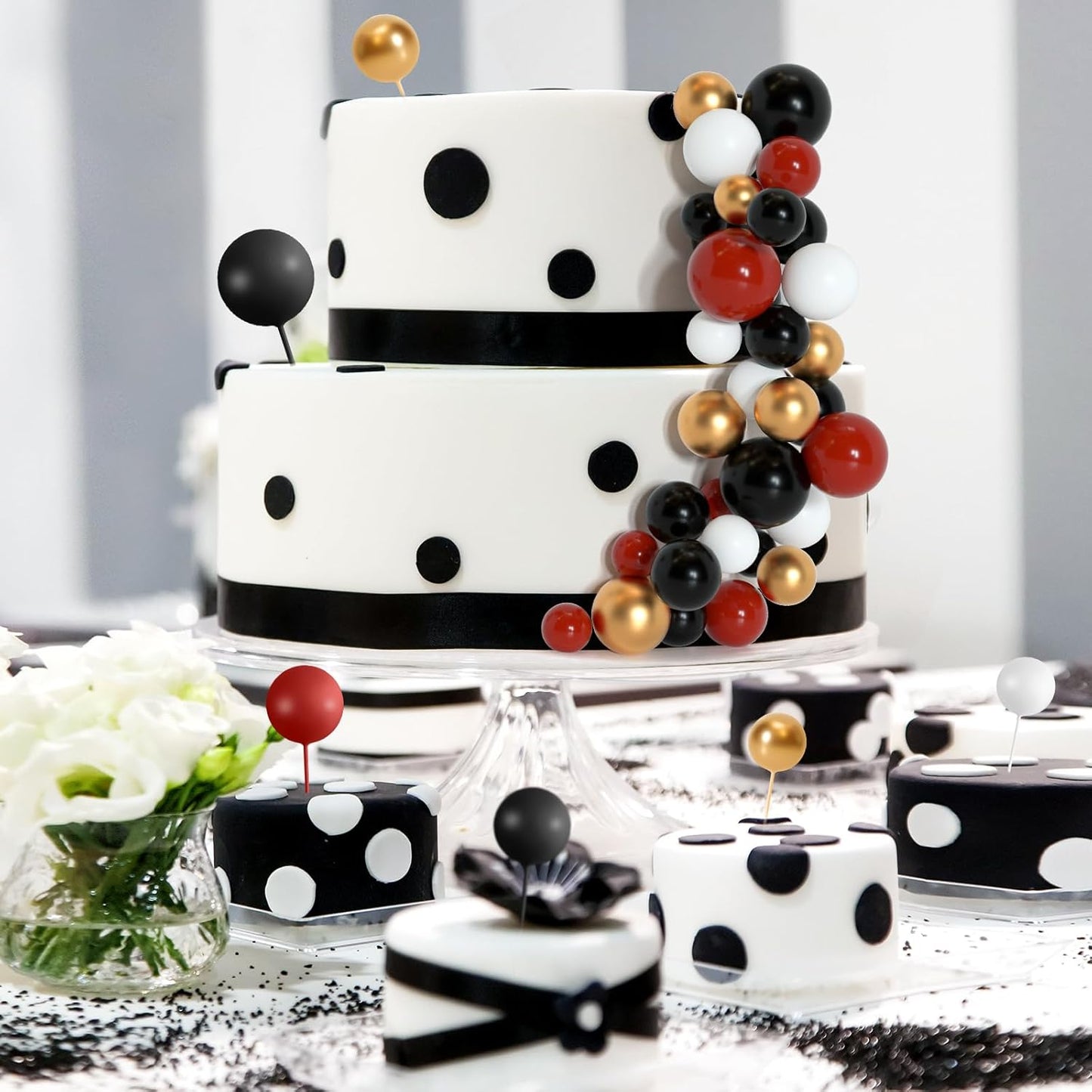 138 Pcs Balls Cake Topper Decorations Balloon Cupcake Toppers Foam Multisize Cake Topper Balls for Birthday Party Wedding Anniversary(Black,Red,White,Gold)