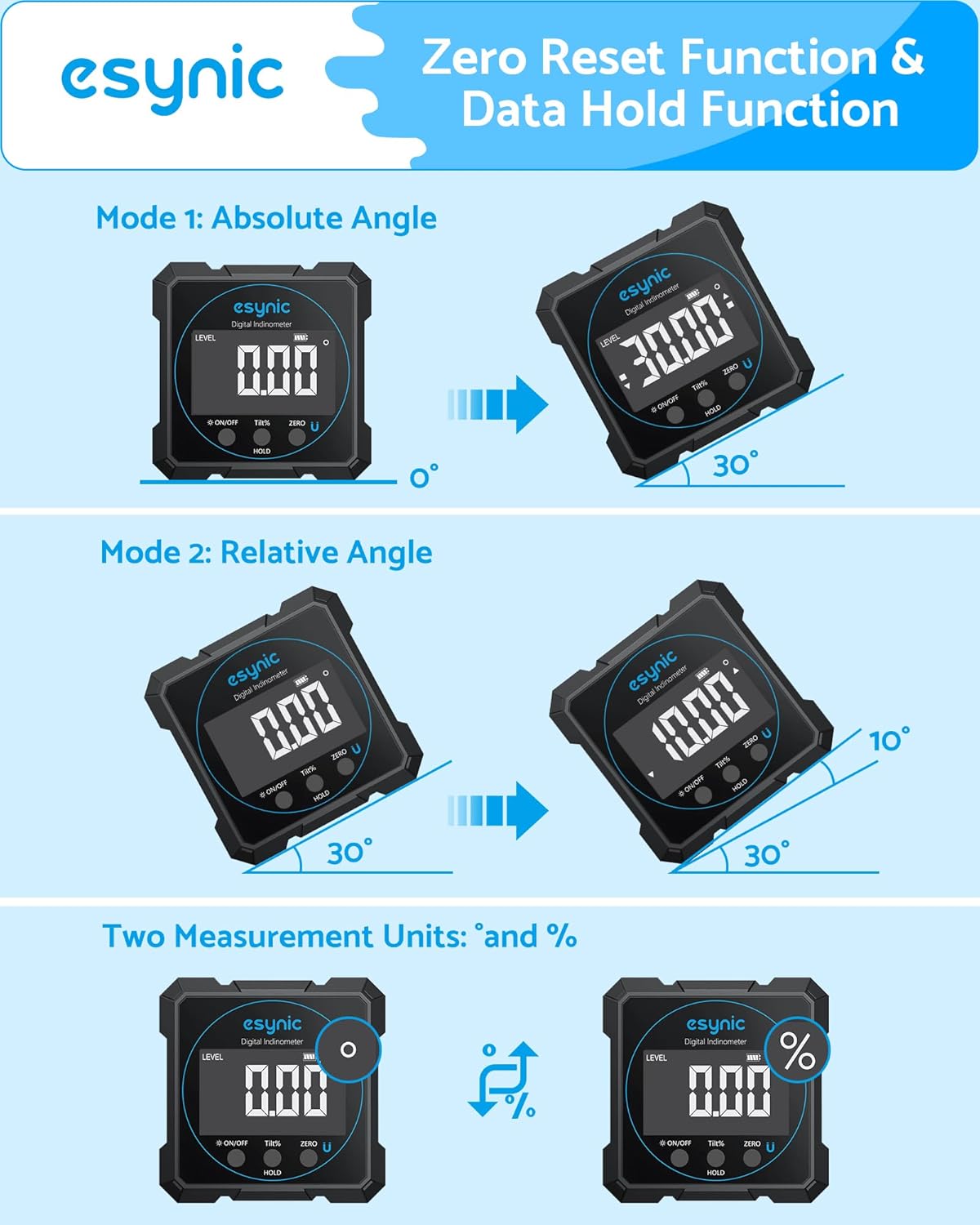 eSynic Portable Digital Angle Finder with Laser -IP54 Waterpoof 4 Sides Magnetic Digital Inclinometer -Auto Off Backlight LCD Display Rechargeable Angle Gauge for Construction (Laser Level: Class II)