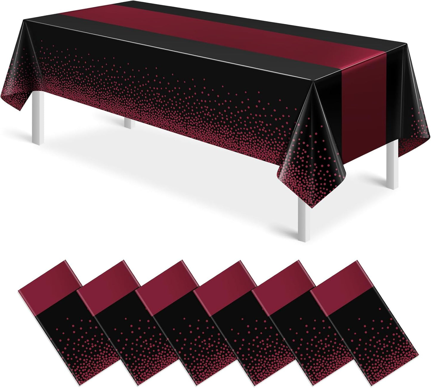 MASHAN 6Pcs Black Maroon Tablecloths, Rectangular Plastic Table Covers, 54x108 Inch, Polka Dot, Stain Resistant, Party Decorations