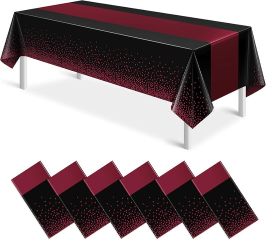 MASHAN 6Pcs Black Maroon Tablecloths, Rectangular Plastic Table Covers, 54x108 Inch, Polka Dot, Stain Resistant, Party Decorations