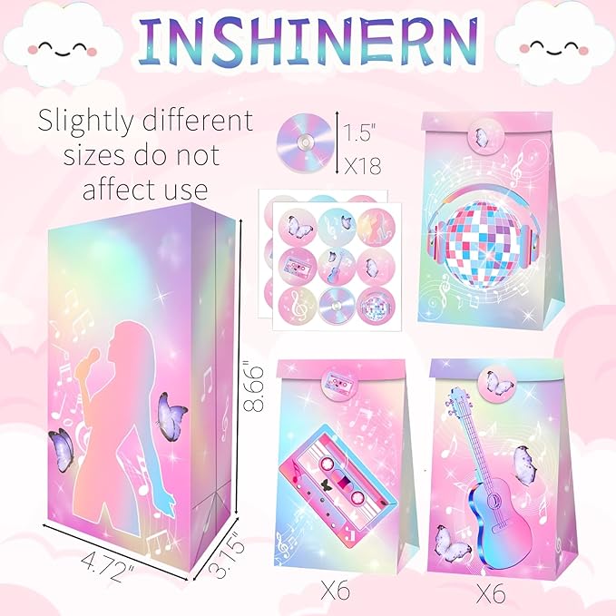 Inshinern Popular Singer Party Favors Bag Pink-Purple Decorations Pop Music Goodie Treat Bags 2 Styles Paper Gift Bag for Musical Theme Birthday Party,Graduations,Weddings,Bridal Baby Shower (12 Pcs)