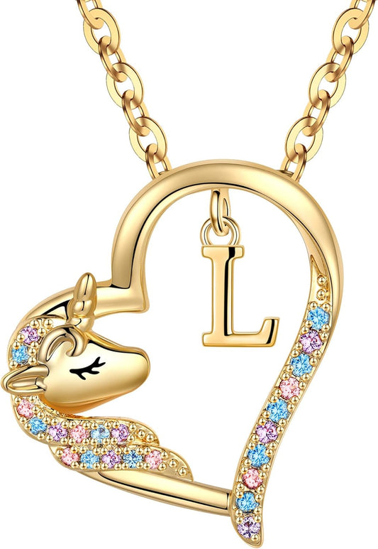Anoup Unicorn Gifts for Girls Necklace - Colorful CZ Heart Pendant A-Z Initial Necklaces Cute Unicorns Jewelry Birthday Gift for Girl