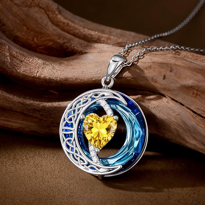 Valentines Day Gifts for Women, Birthstone Necklace for Women, Celtic Moon Pendant Blue Crystal Necklace Heart Jewelry Anniversary Jewelry Gift for Daughter Wife Mother Sister