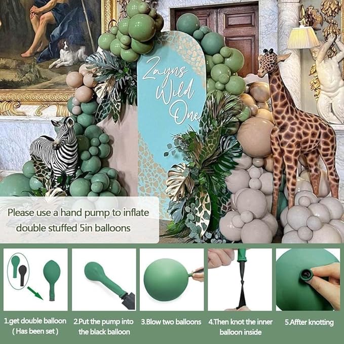 Sage Green Brown Balloon Arch Kit Double Stuffed Dusty Olive Green Tan White Sand Apricot Latex Balloon Garland for Neutral Baby Shower Safari Dinosaur Birthday Woodland Wild One Party Decoration