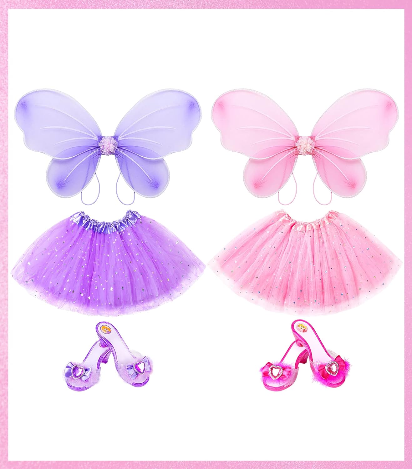 Princess Dresses with Fairy Wings, Dress Up Clothes Pretend Play Costumes Trunk with 3 Sets of Princess Dress Up Shoes, Glitter Girls Tutu Skirts and Butterfly Wings, Toys for 3-6 yr Girls