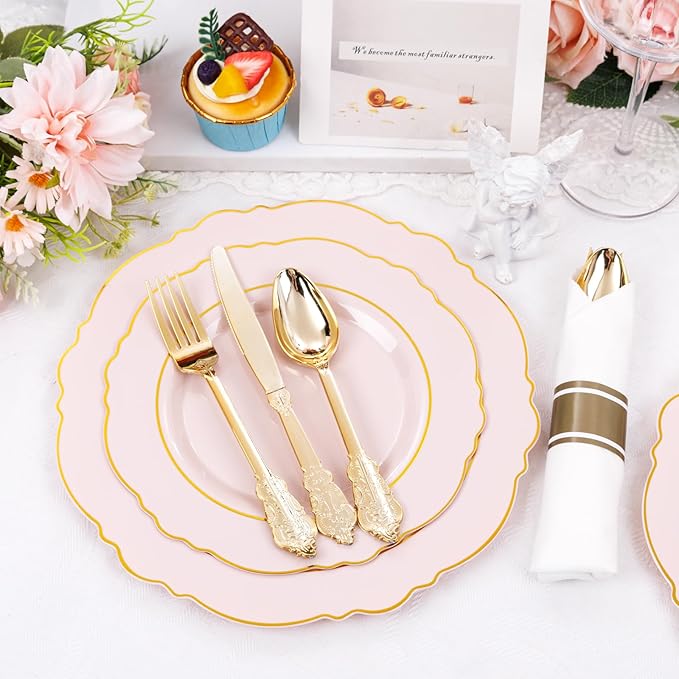 Liacere 175PCS Pink Plates Disposable - Pink and Gold Plates 25guest Baroque Plastic Dinnerware include 150Plates, 25Pack Pre Rolled Napkins with Silverware 25Cups Perfect for Easter Day