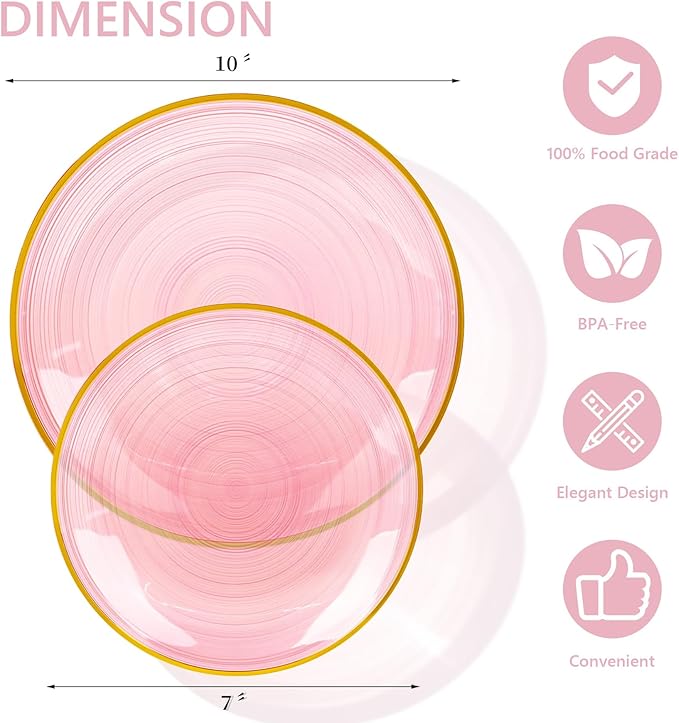 N9R 60PCS Pink Plastic Plates with Gold Rim – 30 Dinner & 30 Dessert Plates, Circular Ribbed Design, Elegant Disposable Plates for Weddings, Events, Banquets, Special Occasions (Translucent Pink)