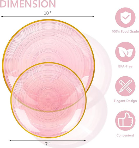 N9R 60PCS Pink Plastic Plates with Gold Rim – 30 Dinner & 30 Dessert Plates, Circular Ribbed Design, Elegant Disposable Plates for Weddings, Events, Banquets, Special Occasions (Translucent Pink)