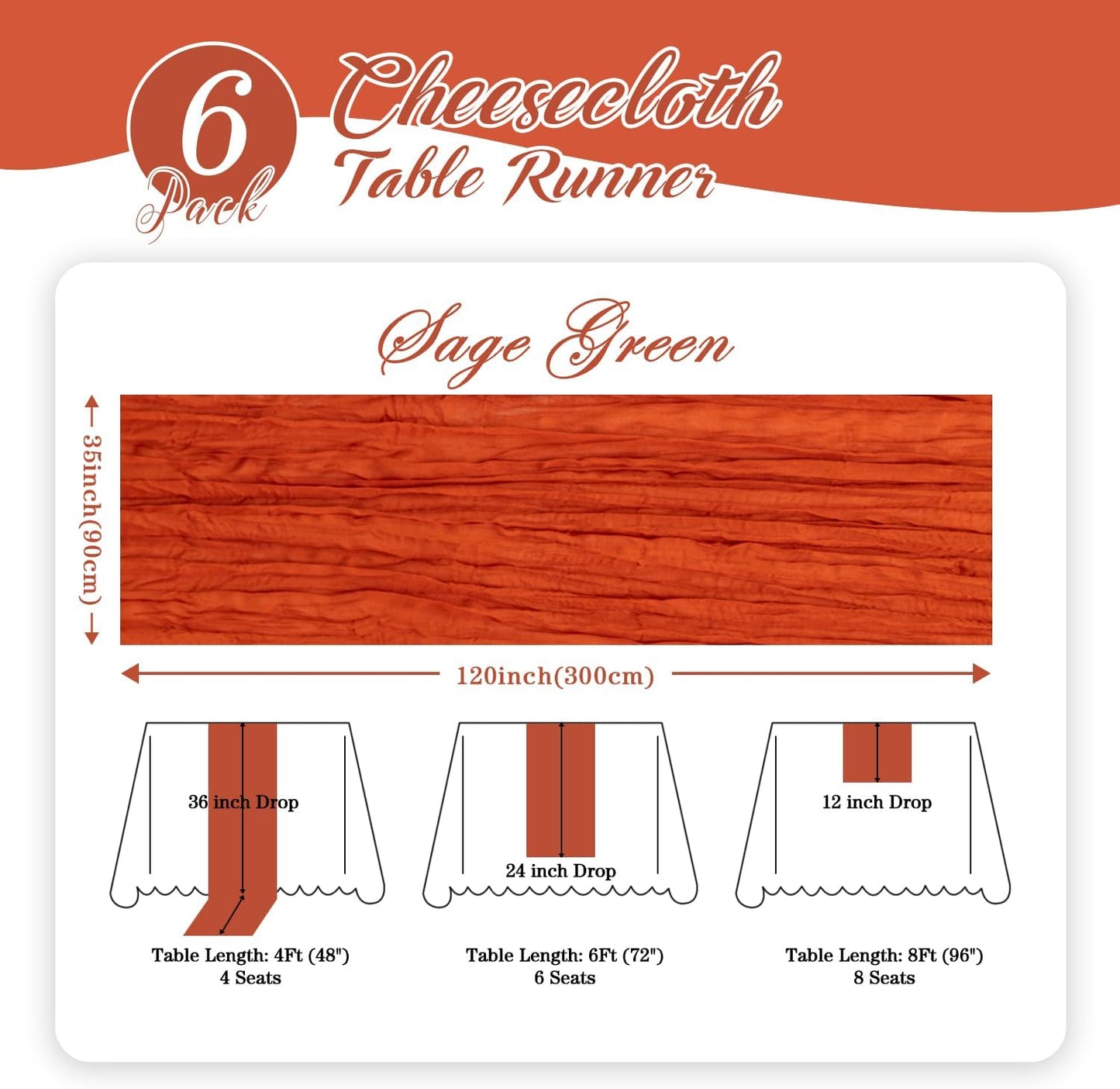 6 Pack Terracotta Cheesecloth Table Runner, 120 Inch Boho Gauze Table Runner Long Sheer Fabric for Wedding Baby Shower Birthday Party Centerpiece Decoration
