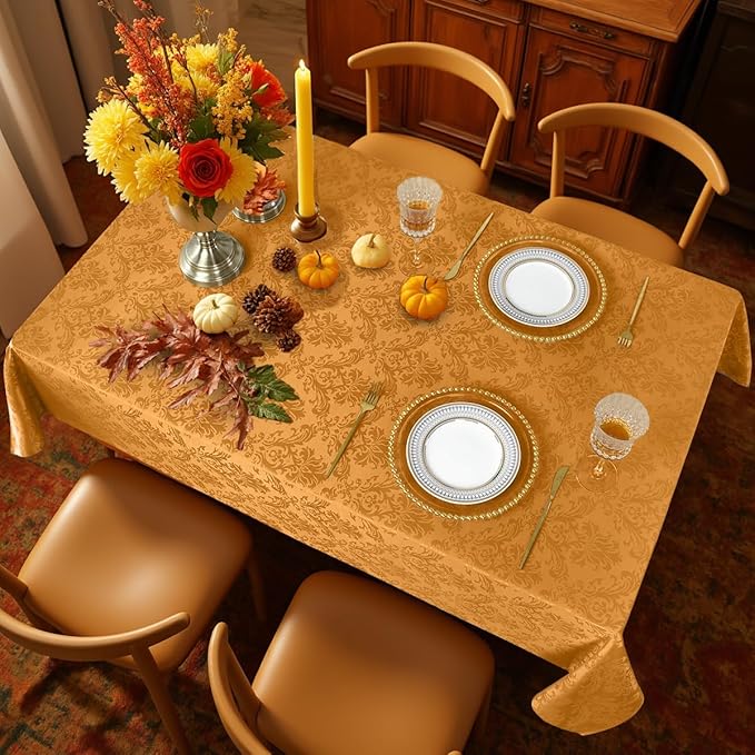 SASTYBALE Amber Rectangle Jacquard Tablecloth, Spill Wrinkle Proof Damask Table Cloth for Rectangle Tables, Rectangular Harvest Fall Thanksgiving Tablecloths, 60x 102 Inch Amber