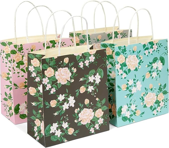 Sparkle and Bash 12 Mini Floral Gift Bags - 8 x 9 x 4 in Multicolor Pack - Party & Thank You Favors - For Baby & Bridal Showers