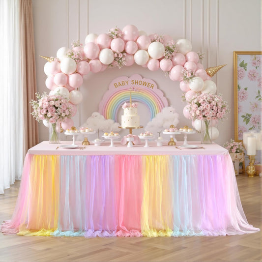 Rainbow Tulle Birthday Party Tablecloth for 6 Foot Rectangular Tables 6ft Rectangle Rainbow Table Cloths for Parties Wrinkle Free Table Cover with Tutu Skirt for Baby Shower Girls Banquet Buffet Cake