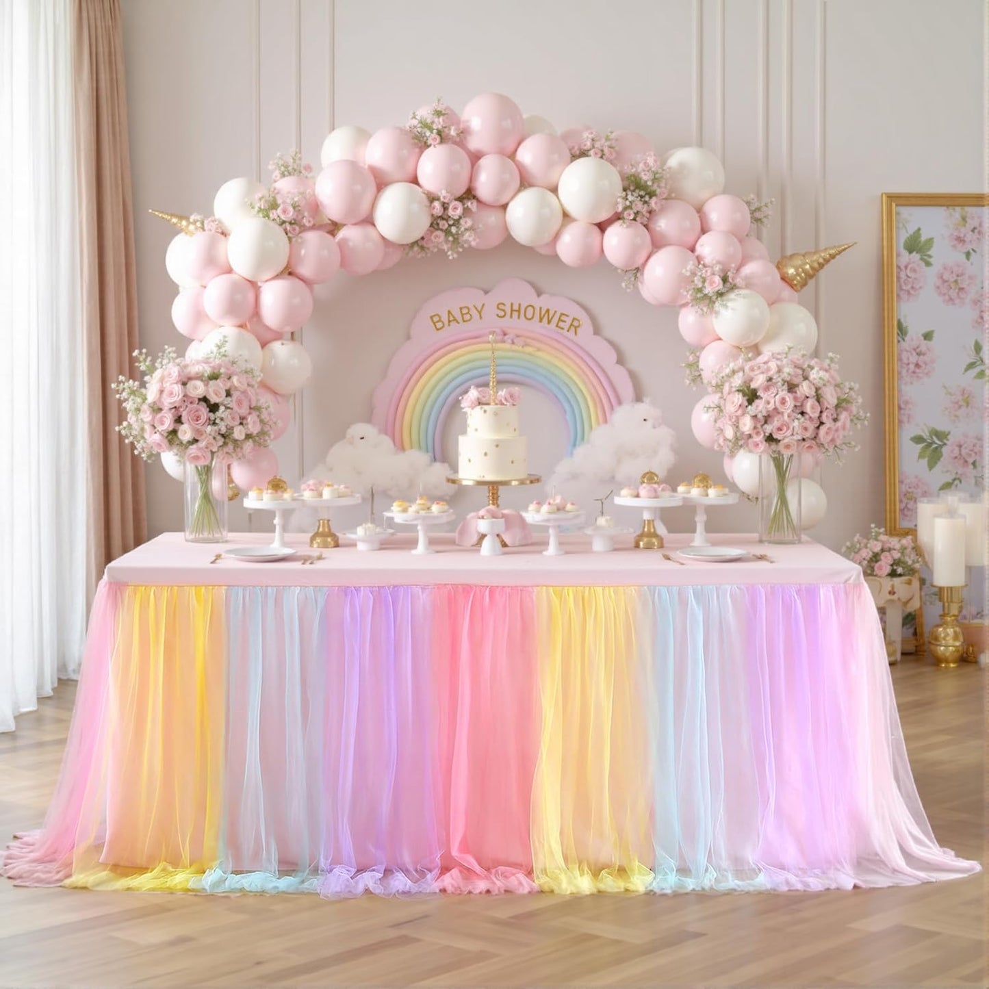 Rainbow Tulle Tablecloth for 8 Foot Rectangular Table, 8ft Rainbow Rectangle Table Cloth, Wrinkle Free Tablecover with Tutu Skirt for Wedding Birthday Party Baby Shower Banquet Buffet Cake Event