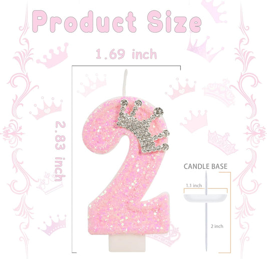 Birthday Candle for Cake, Crown Pink Number Candles, 2.76 inch Cake Topper Decoration for Birthday Party (Number 2)
