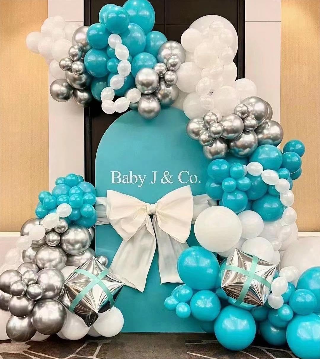 62Pcs 12Inch White Silver Teal Blue Balloon Arch Kit, Matte White Metallic Silver Confetti Party Balloons with Ribbons for Birthday, Wedding, Baby Shower, Graduation Decorations