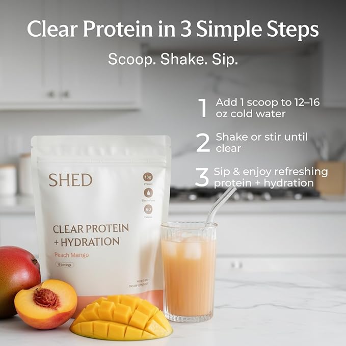Clear Protein Powder with Electrolytes by Shed, 15g Whey Protein Isolate, Low Calorie and Lactose Free, Light and Clean Hydration Drink, Bloat-Free Post Workout Supplement, Peach Mango (15 Servings)