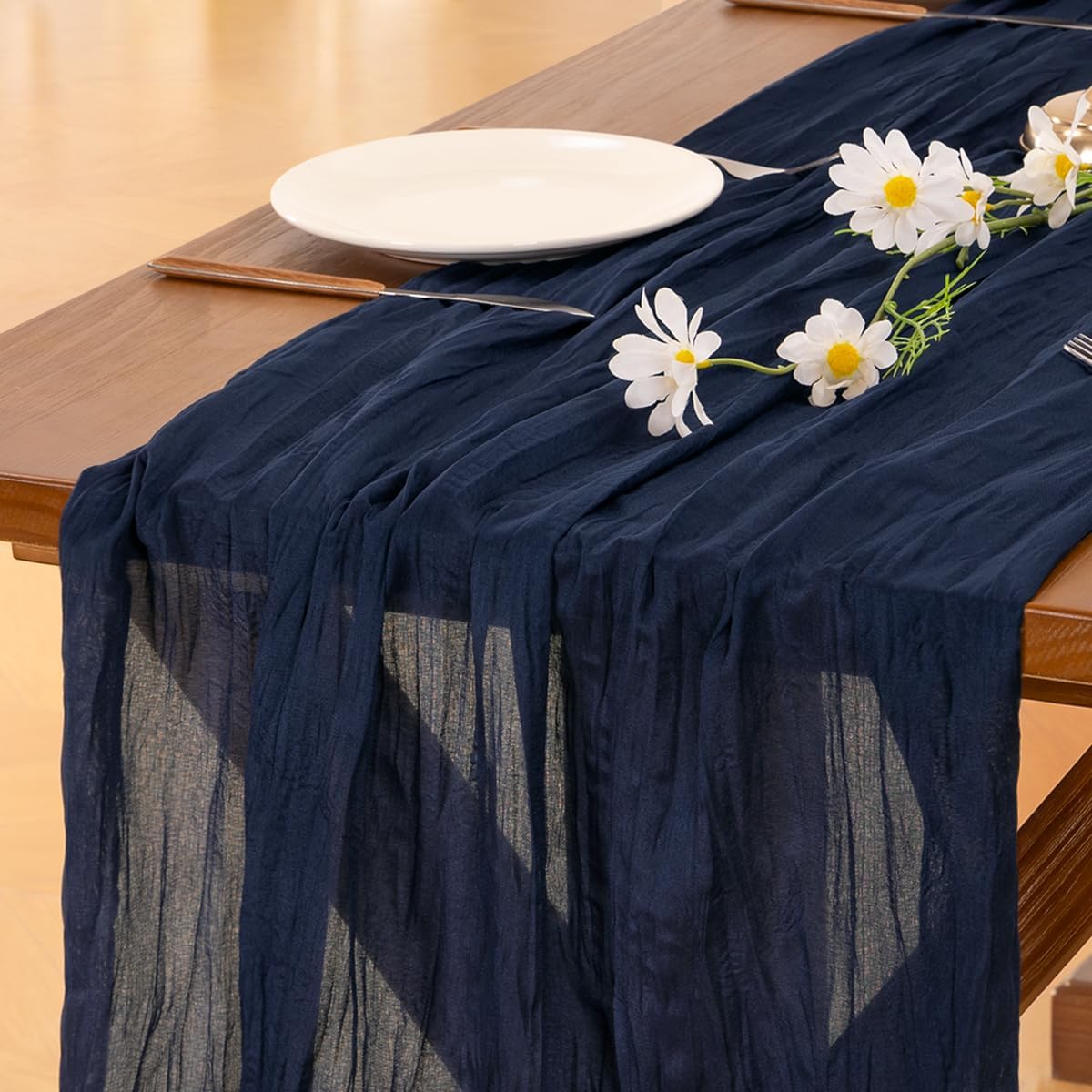 Socomi 6pcs Navy Blue Fall Thanksgiving Cheesecloth Table Runner Boho Rustic Gauze 120 inch 10FT Cheese Cloth Runner for Wedding Party Baby Shower Birthday Home Decor Holiday Decorations