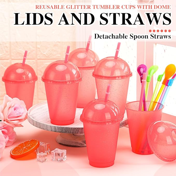 6 Set Slushie Cups with Dome Lids and Straws Detachable Spoon Straws Reusable Plastic Iced Coffee Cups Smoothie Tumbler for Birthdays Summer Party Supplies(Pink,16 oz)