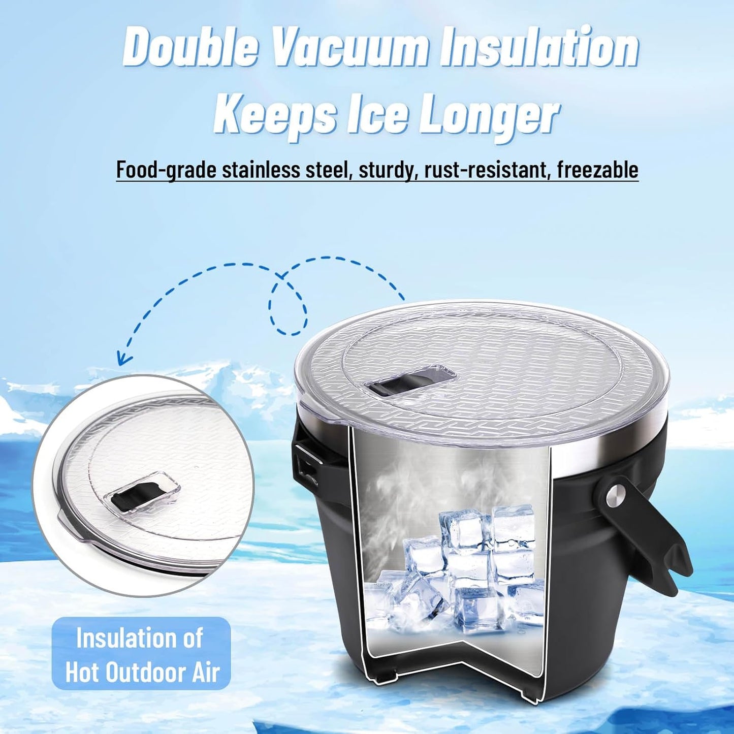 7.5L Insulated Ice Bucket with Lid, Scoop & Tongs, Large Stainless Steel Double-Wall Beverage Cooler, Holds 6 Beer Bottles or 3 Wine Bottles, Great for Parties, BBQ, Bar, Outdoor Events/256oz