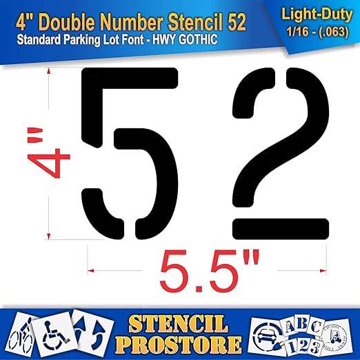 Pavement, Curb, and WheelStop Stencils - 4 inch Double Number Stencil - (52) - 4" x 5.5" x 1/16" (63 mil) - Light-Duty