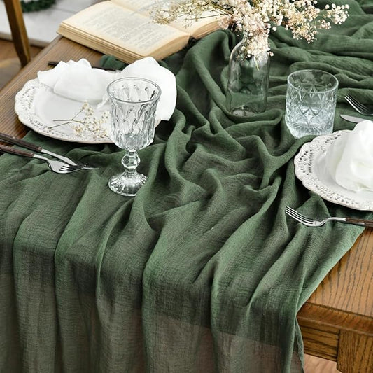 Artoid Mode Boho Forest Green Gauze 6 Pieces Wedding Table Runner, 120 Inch Birthday Fabric Kitchen Dining Holiday Table Decor for Home Party Indoor