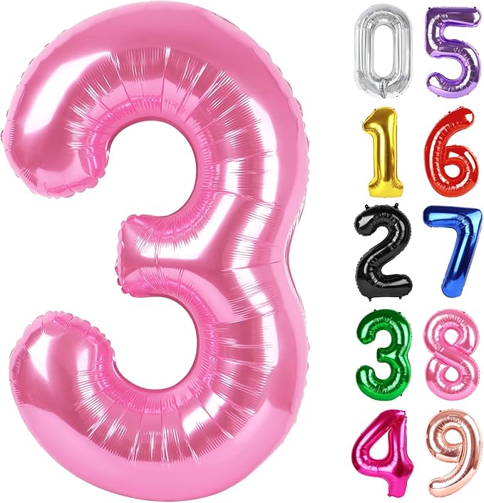 Pink Number 3 Balloon 40 Inch, 3rd Birthday Celebration Supplies for Girls Boys Women Men, 3 Balloon for Girls Boys Theme Party