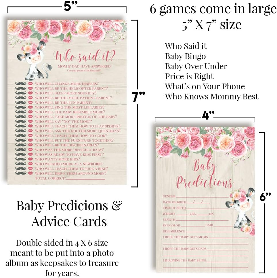 Amanda Creation Baby Shower Games 8 Game Set Watercolor Pink Cow 80 Double-Sided Cards for 20 Guests. Baby Shower Bingo, Baby Predictions & Activities for Guests. Farm & Barn Theme for Girls