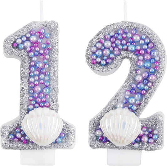 Girls Glitter 12 Birthday Number Candle, Pink Shell Sequins Blue Purple Pearls Number Birthday Candles for Boys Girls Birthday Cakes Mermaid Themed Birthday Decorations Party Supplies Number 12 Candle
