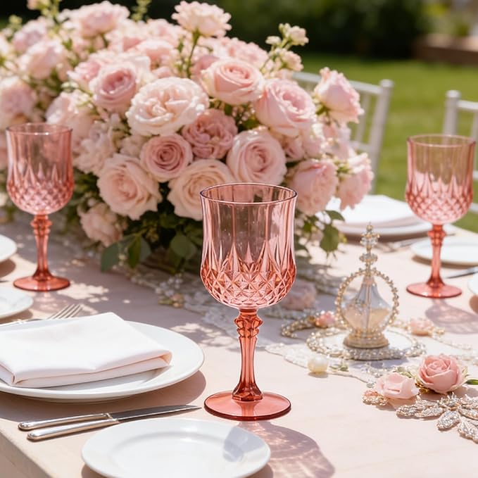 Plastic Wine Glasses, Plastic Goblets Vintage Style Cordial Unbreakable Drinking Glasses, Reusable Drinkware for Wedding Reception, Grand Event Party Supplies, Easter (48, Rose Gold)